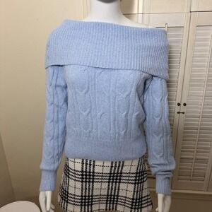 Madden Girl Baby Blue Cable Knit Off The Shoulder Sweater Small Fold Over Neck